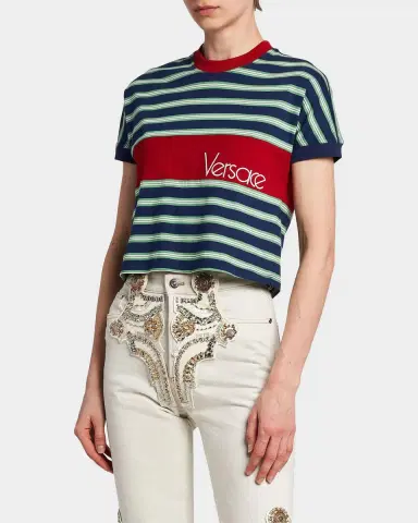 Versace La Vacanza Vintage Logo Striped Cotton T-Shirt | Thumbnail 6 Versace La Vacanza Vintage Logo Striped Cotton T-Shirt | Thumbnail 6