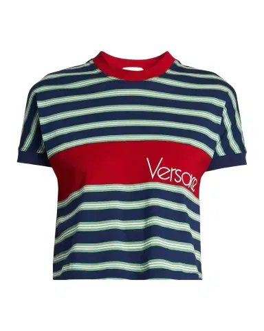 Versace La Vacanza Vintage Logo Striped Cotton T-Shirt | Thumbnail 1 Versace La Vacanza Vintage Logo Striped Cotton T-Shirt | Thumbnail 1
