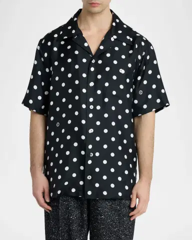 Dolce & Gabbana Men's Silk Twill Polka Dot Monogram Camp Shirt | Thumbnail 4 Dolce & Gabbana Men's Silk Twill Polka Dot Monogram Camp Shirt | Thumbnail 4