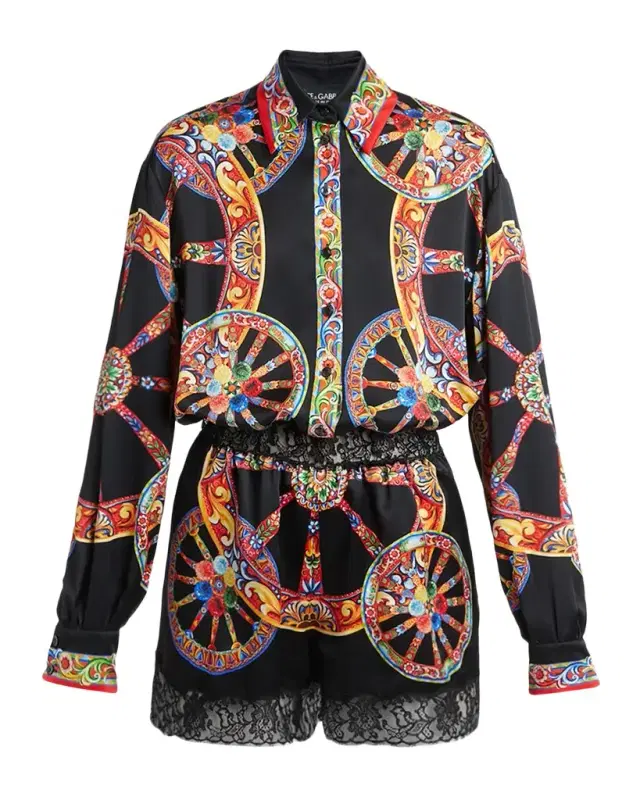 Dolce & Gabbana Carretto-Print Silk Long-Sleeve Collared Romper