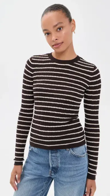 Frame The Pointelle Crew Neck Top Chestnut Stripe | Thumbnail 2