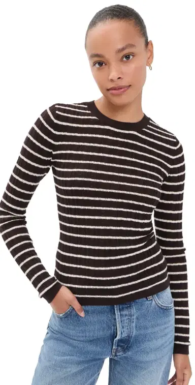 Frame The Pointelle Crew Neck Top Chestnut Stripe | Thumbnail 1