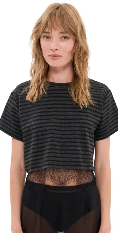 LE BOP tripe Lace Hazel Cropped Tee Charcoal tripe/Black | Thumbnail 1