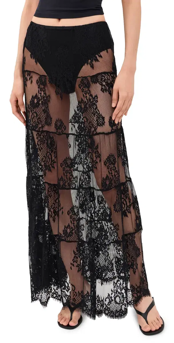 Runaway The Label Enola Tiered Lace Maxi Skirt Black