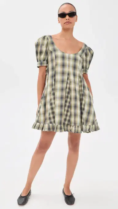 Damson Madder Sabina Check Mini Godet Dress Cardamon | Thumbnail 2