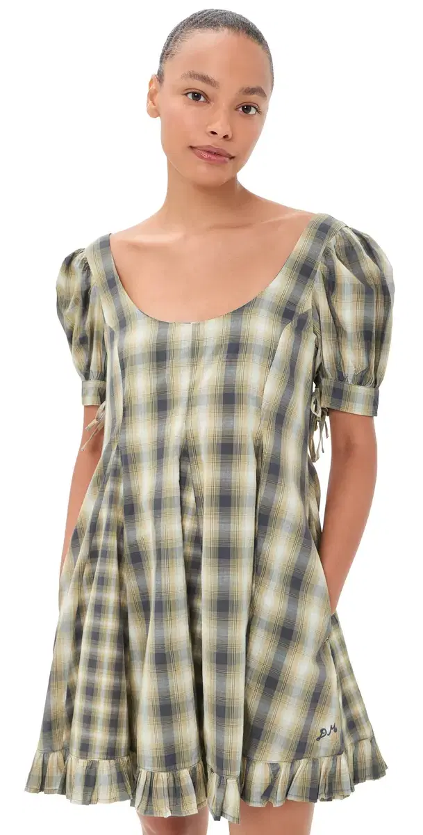 Damson Madder Sabina Check Mini Godet Dress Cardamon