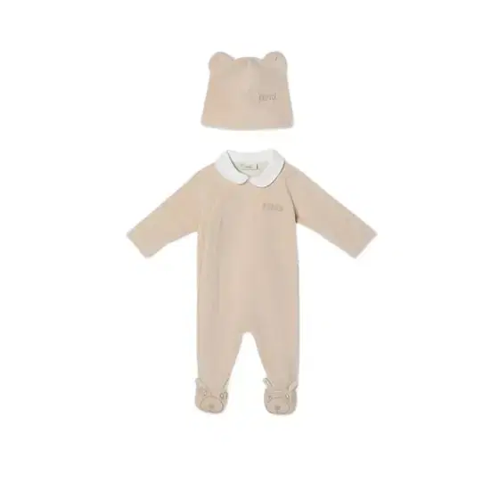 Fendi Beige chenille teddy bear baby set with playsuit and hat