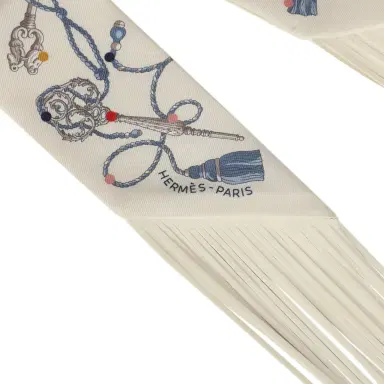 HERMÈS Hermes "Les Cles a Pois" Creme, Gris Perle, Multicolor Fringe Silk Twilly | Thumbnail 3
