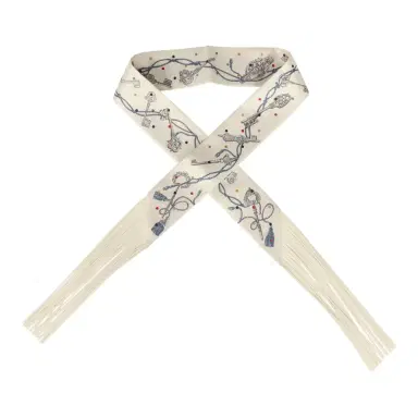 HERMÈS Hermes "Les Cles a Pois" Creme, Gris Perle, Multicolor Fringe Silk Twilly | Thumbnail 1