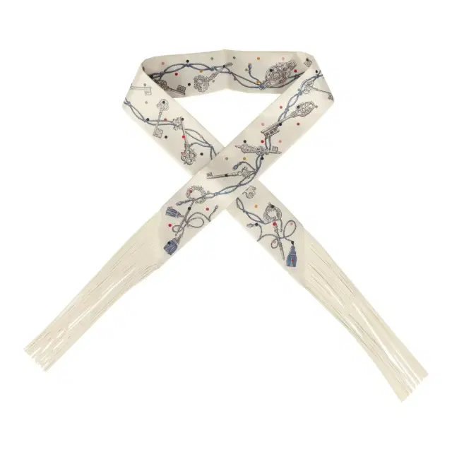 HERMÈS Hermes "Les Cles a Pois" Creme, Gris Perle, Multicolor Fringe Silk Twilly