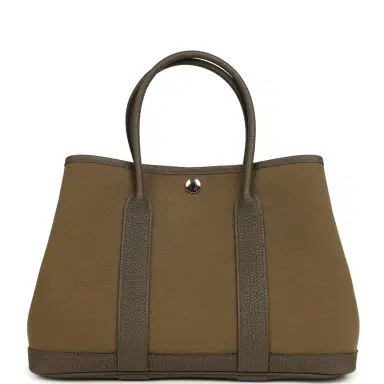HERMÈS Hermes Garden Party 30 Vert Olive Toile Officier Canvas, Vert Loden Negonda Palladium Hardware | Thumbnail 1