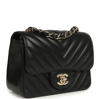Chanel Pre-owned Chanel Mini Chevron Square Flap Bag Black Lambskin Light Gold Hardware | Thumbnail 2 Chanel Pre-owned Chanel Mini Chevron Square Flap Bag Black Lambskin Light Gold Hardware | Thumbnail 2