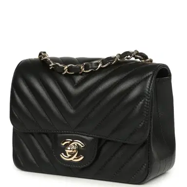 Chanel Pre-owned Chanel Mini Chevron Square Flap Bag Black Lambskin Light Gold Hardware | Thumbnail 3 Chanel Pre-owned Chanel Mini Chevron Square Flap Bag Black Lambskin Light Gold Hardware | Thumbnail 3