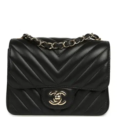 Chanel Pre-owned Chanel Mini Chevron Square Flap Bag Black Lambskin Light Gold Hardware | Thumbnail 1 Chanel Pre-owned Chanel Mini Chevron Square Flap Bag Black Lambskin Light Gold Hardware | Thumbnail 1