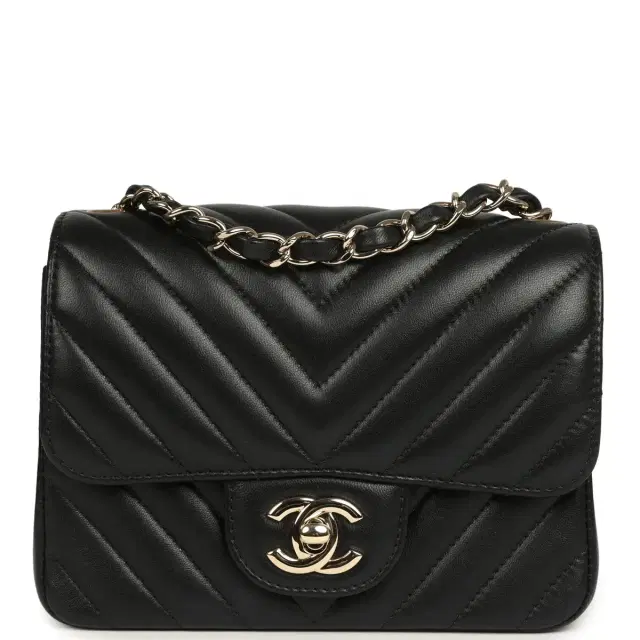 Pre-owned Chanel Mini Chevron Square Flap Bag Black Lambskin Light Gold Hardware