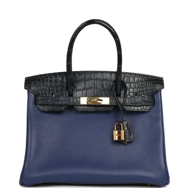 HERMÈS Pre-owned Hermes Birkin 30 Bleu Saphir Novillo, Bleu Marine Matte Alligator Touch Rose Gold Hardware
