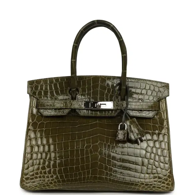 HERMÈS Pre-owned Hermes Birkin 30 Vert Olive Shiny Niloticus Crocodile Palladium Hardware