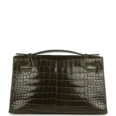 HERMÈS Pre-owned Hermes Kelly Pochette Vert Olive Shiny Alligator Mississippiensis Palladium Hardware | Thumbnail 4 HERMÈS Pre-owned Hermes Kelly Pochette Vert Olive Shiny Alligator Mississippiensis Palladium Hardware | Thumbnail 4