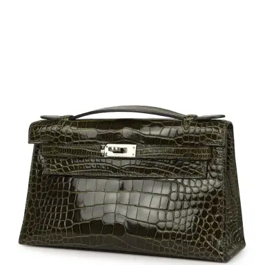 HERMÈS Pre-owned Hermes Kelly Pochette Vert Olive Shiny Alligator Mississippiensis Palladium Hardware | Thumbnail 5 HERMÈS Pre-owned Hermes Kelly Pochette Vert Olive Shiny Alligator Mississippiensis Palladium Hardware | Thumbnail 5