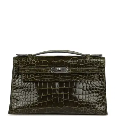 HERMÈS Pre-owned Hermes Kelly Pochette Vert Olive Shiny Alligator Mississippiensis Palladium Hardware | Thumbnail 1 HERMÈS Pre-owned Hermes Kelly Pochette Vert Olive Shiny Alligator Mississippiensis Palladium Hardware | Thumbnail 1