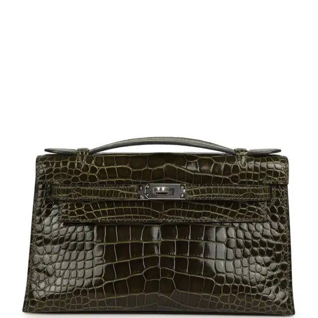 HERMÈS Pre-owned Hermes Kelly Pochette Vert Olive Shiny Alligator Mississippiensis Palladium Hardware