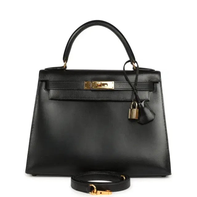 HERMÈS Vintage Hermes Kelly Sellier 28 Black Box Gold Hardware
