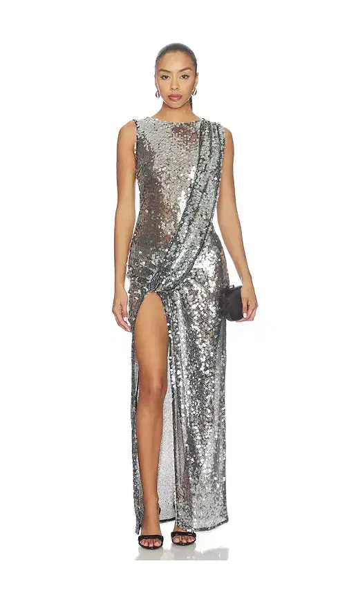 LaPointe Mesh Sequin Sleeveless Gown With Sash