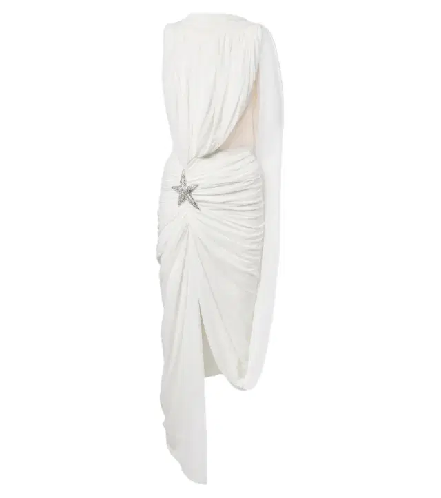 Asymmetric draped embellished midi dress