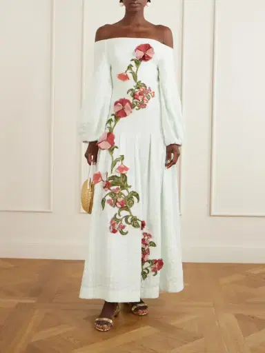 Agua by Agua Bendita Senlis Off-the-shoulder Floral-appliqué Checked Linen Maxi Dress | Thumbnail 2 Agua by Agua Bendita Senlis Off-the-shoulder Floral-appliqué Checked Linen Maxi Dress | Thumbnail 2