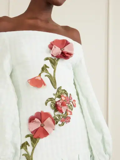 Agua by Agua Bendita Senlis Off-the-shoulder Floral-appliqué Checked Linen Maxi Dress | Thumbnail 4 Agua by Agua Bendita Senlis Off-the-shoulder Floral-appliqué Checked Linen Maxi Dress | Thumbnail 4