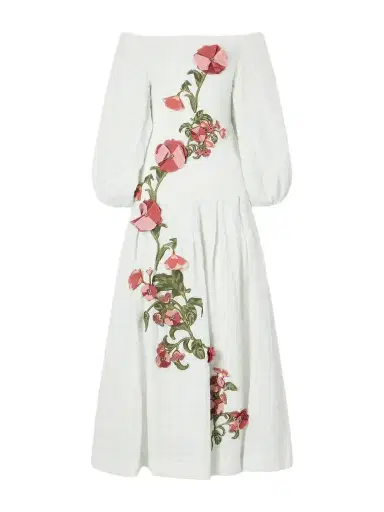 Agua by Agua Bendita Senlis Off-the-shoulder Floral-appliqué Checked Linen Maxi Dress | Thumbnail 1 Agua by Agua Bendita Senlis Off-the-shoulder Floral-appliqué Checked Linen Maxi Dress | Thumbnail 1