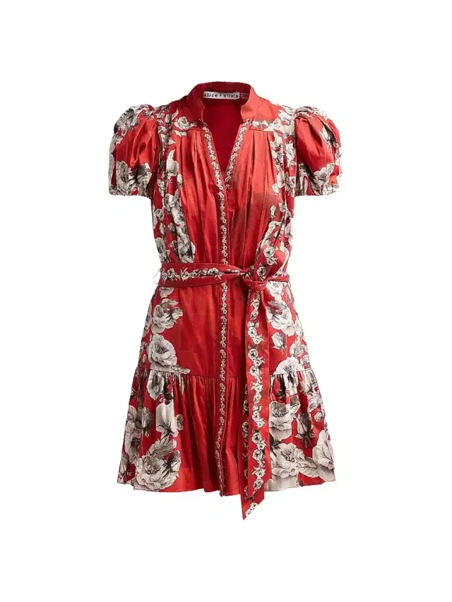 ALICE + OLIVIA Women's Cora Floral Tiered Mini Shirtdress - Rose Garden Hibiscus