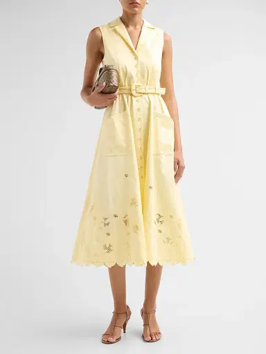 Saloni Women's Kirat Daisy-Embroidered Belted Midi Shirtdress - Soft Lemon Embroidered - Size 12 | Thumbnail 2 Saloni Women's Kirat Daisy-Embroidered Belted Midi Shirtdress - Soft Lemon Embroidered - Size 12 | Thumbnail 2