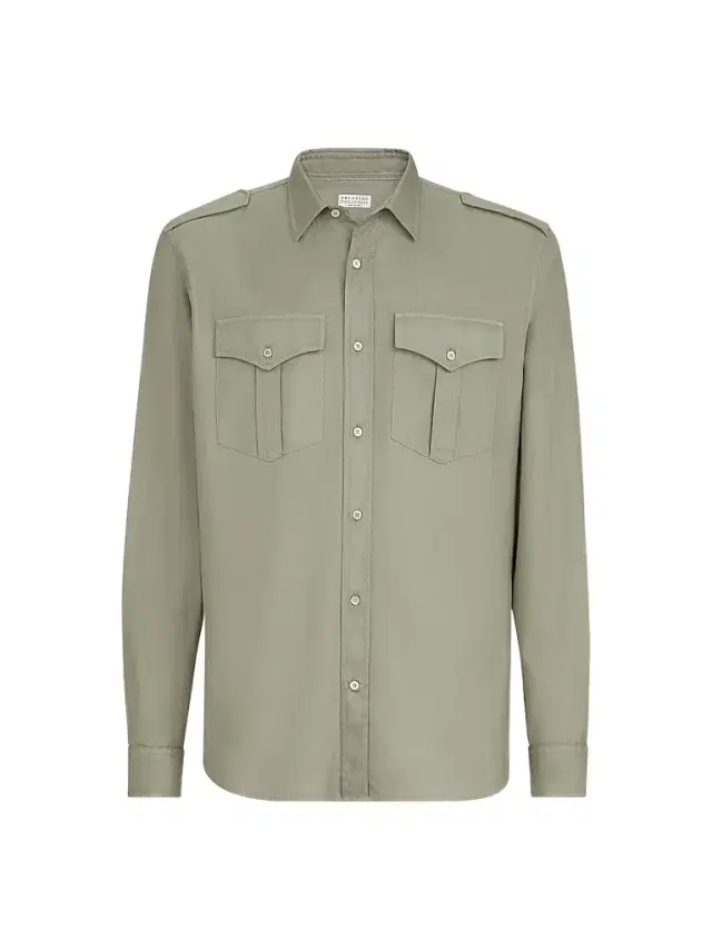 Brunello Cucinelli Men's Garment-Dyed Shirt in Cotton Chevron with Spread Collar - Military