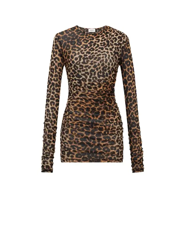 Yves Saint Laurent ruched mini dress in leopard tulle jersey
