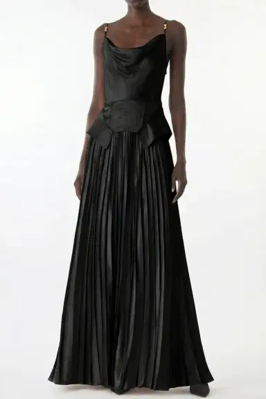 Jason Wu Collection COWL NECK GOWN WITH KNIFE PLEATED SKIRT IN WASHED TWILL | Thumbnail 2