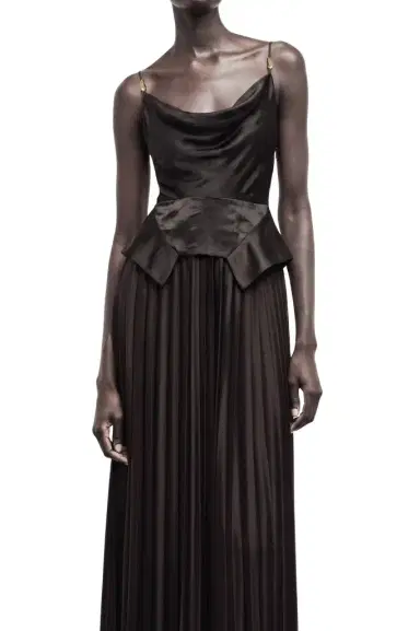 Jason Wu Collection COWL NECK GOWN WITH KNIFE PLEATED SKIRT IN WASHED TWILL | Thumbnail 1