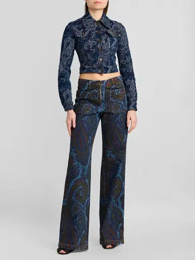Etro Women's Paisley Cotton-Blend Crop Denim Jacket - Denim Dark Blue - Size 12 | Thumbnail 2