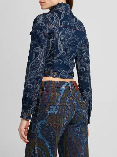 Etro Women's Paisley Cotton-Blend Crop Denim Jacket - Denim Dark Blue - Size 12 | Thumbnail 3
