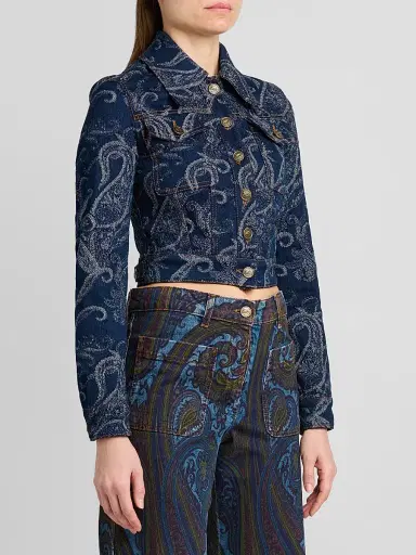 Etro Women's Paisley Cotton-Blend Crop Denim Jacket - Denim Dark Blue - Size 12 | Thumbnail 4