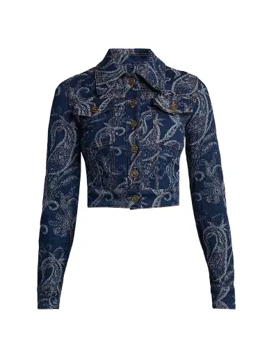 Etro Women's Paisley Cotton-Blend Crop Denim Jacket - Denim Dark Blue - Size 12 | Thumbnail 1