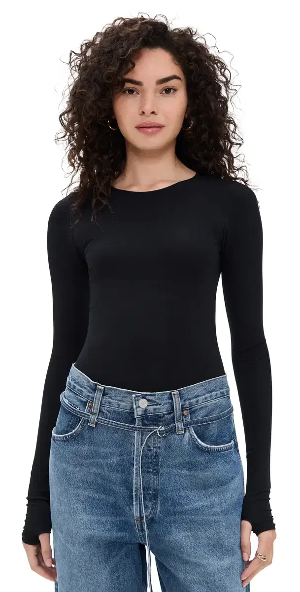 Commando Ballet Crewneck Thong Bodysuit with Thumbholes Black One Size
