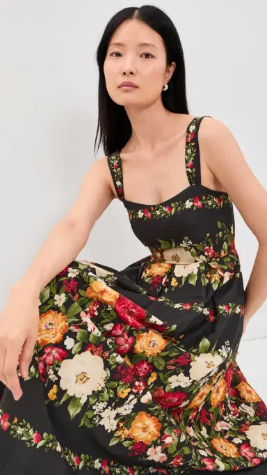 Moon River Floral Print Sweatheart Neck Midi Dress Black multi | Thumbnail 5 Moon River Floral Print Sweatheart Neck Midi Dress Black multi | Thumbnail 5