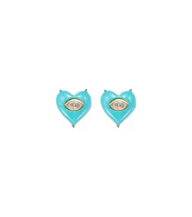 Sydney Evan 14kt gold stud earrings with diamonds and turquoises