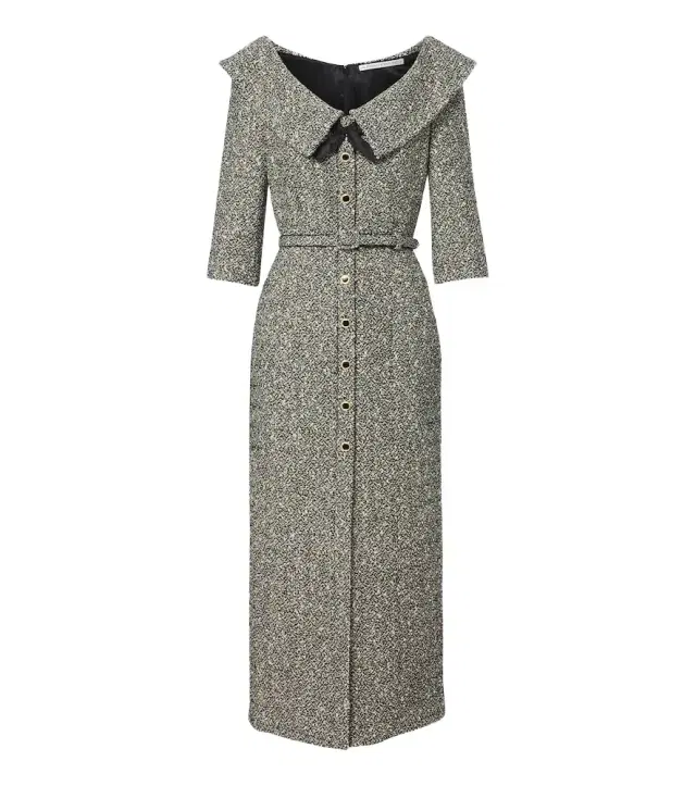 Alessandra Rich Belted cotton and wool-blend tweed midi dress