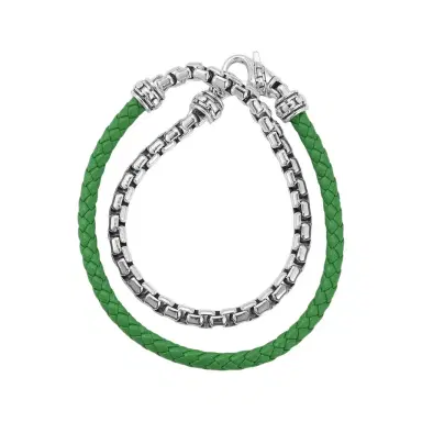 JAI JAI Sterling Silver & Green Leather Double Wrap Men's Bracelet JJH1046MB-GR - L by The Solist | Thumbnail 1 JAI JAI Sterling Silver & Green Leather Double Wrap Men's Bracelet JJH1046MB-GR - L by The Solist | Thumbnail 1