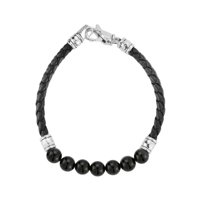 JAI JAI Sterling Silver Black Onyx Leather Bead Men's Bracelet JJH3046MB-BO - L by The Solist