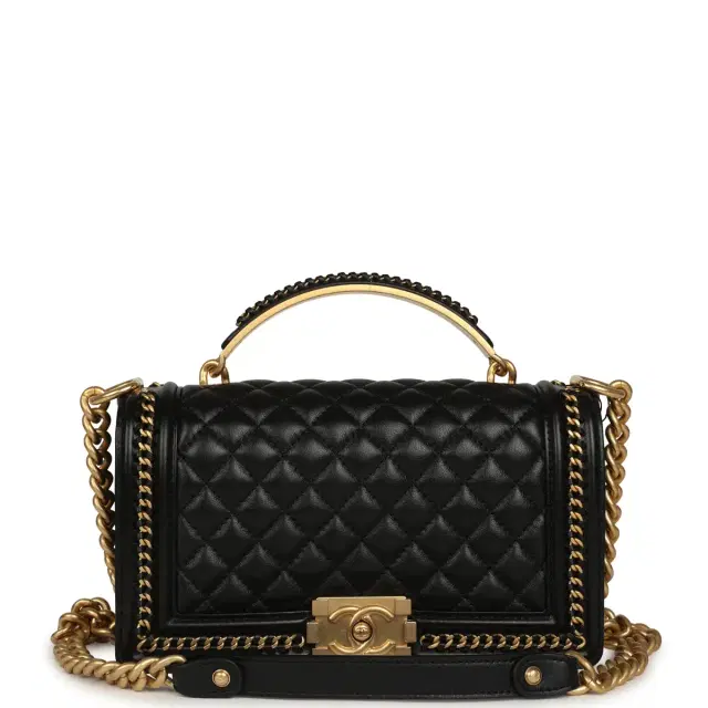 Chanel Chanel Medium Top Handle Braided Boy Bag Black Shiny Lambskin Antique Gold Hardware
