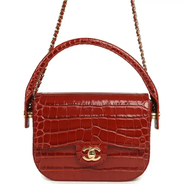 Chanel Chanel Mini Top Handle "Turn Around" Flap Bag Burgundy Croc Embossed Calfskin Gold Hardware