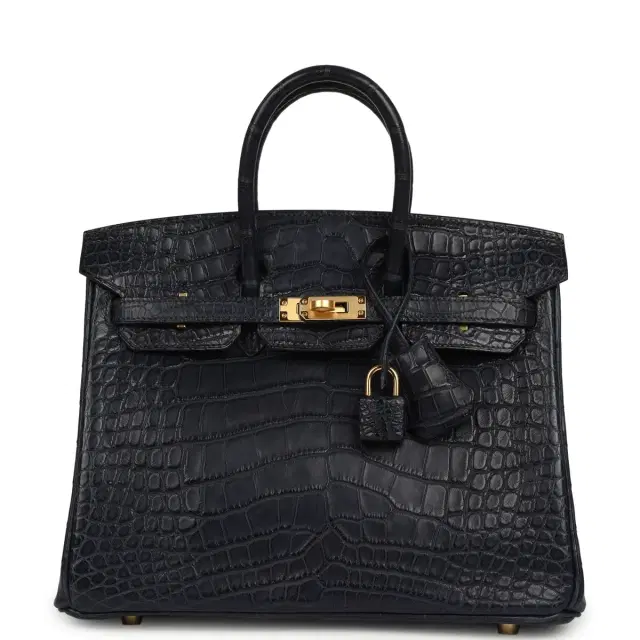 HERMÈS Hermes Birkin 25 Bleu Indigo Matte Alligator Gold Hardware